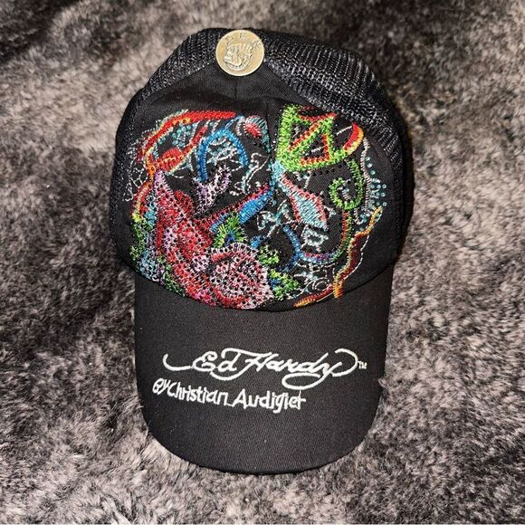 Y2K Don Ed Hardy Black Multicolor Bling Trucker Snapback Cap OS Grunge Mcbling - Picture 1 of 6